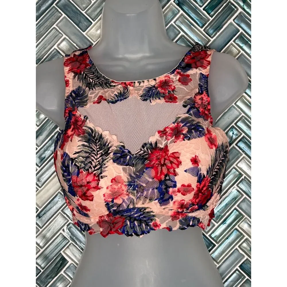 VICTORIA'S SECRET‎ PINK TROPICAL FLORAL LACE HIGH NECK PADDED BRALETTE LARGE
